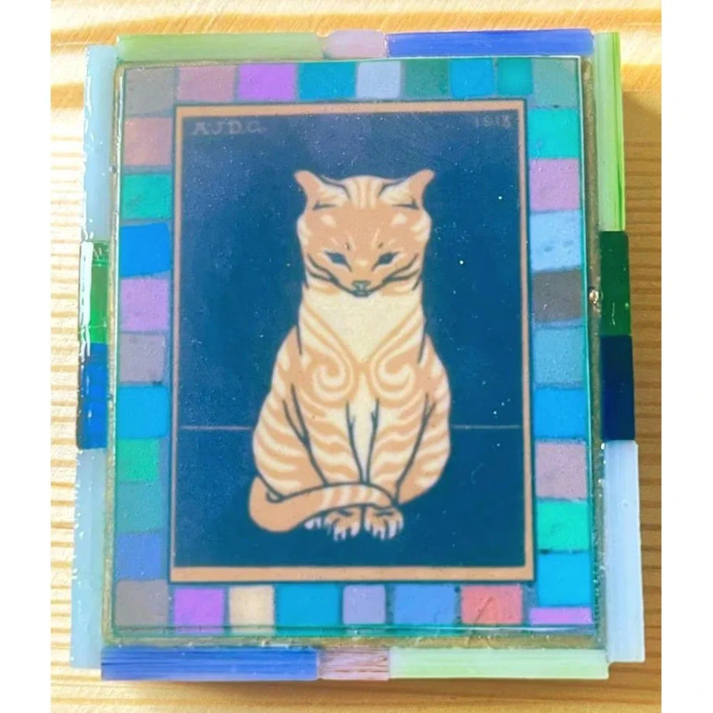 Vintage Cat Magnet Stained Glass Mosaic Border Cat Print on Wood Cat Lover Gift